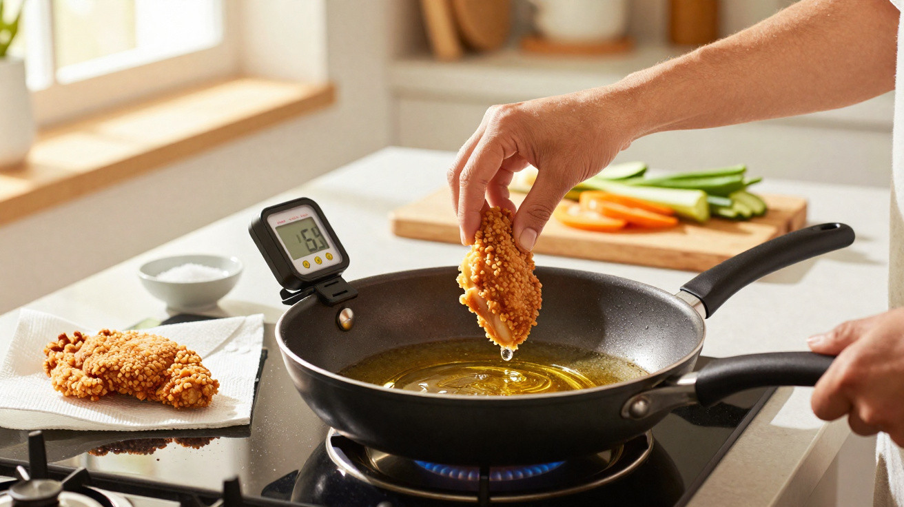 Pessoa a fritar pedaço de frango empanado em frigideira com óleo, com termómetro de cozinha visível.