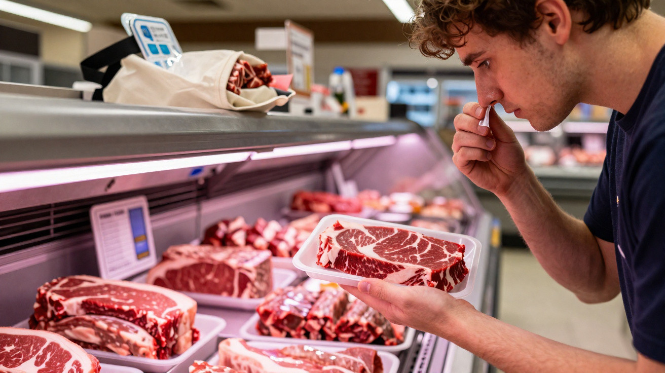 Homem cheira bife fresco numa embalagem branca numa secção de carnes num supermercado.