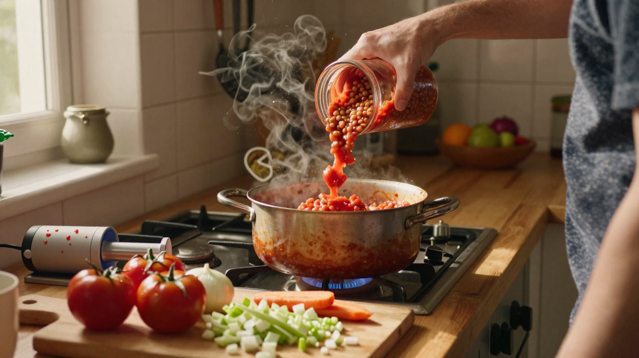 Pessoa a cozinhar feijão com molho de tomate num fogão a gás numa cozinha com legumes frescos à frente.