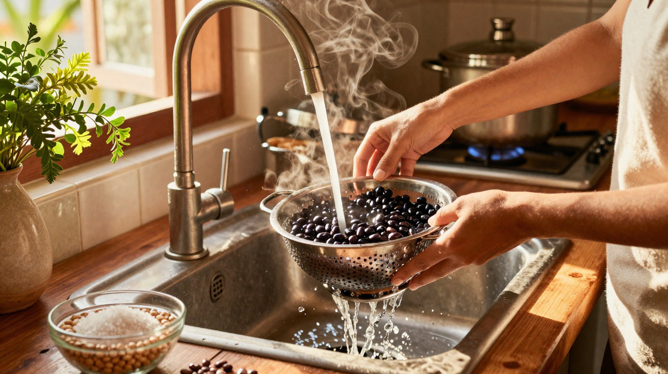 Pessoa a lavar feijão preto numa peneira de metal numa cozinha com bancada de madeira e pia de inox.