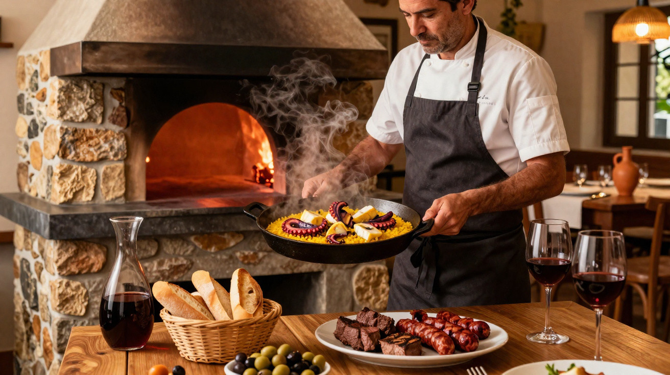 Cozinheiro a servir paelha de polvo num restaurante rústico com forno a lenha e mesa posta com vinho e comida.
