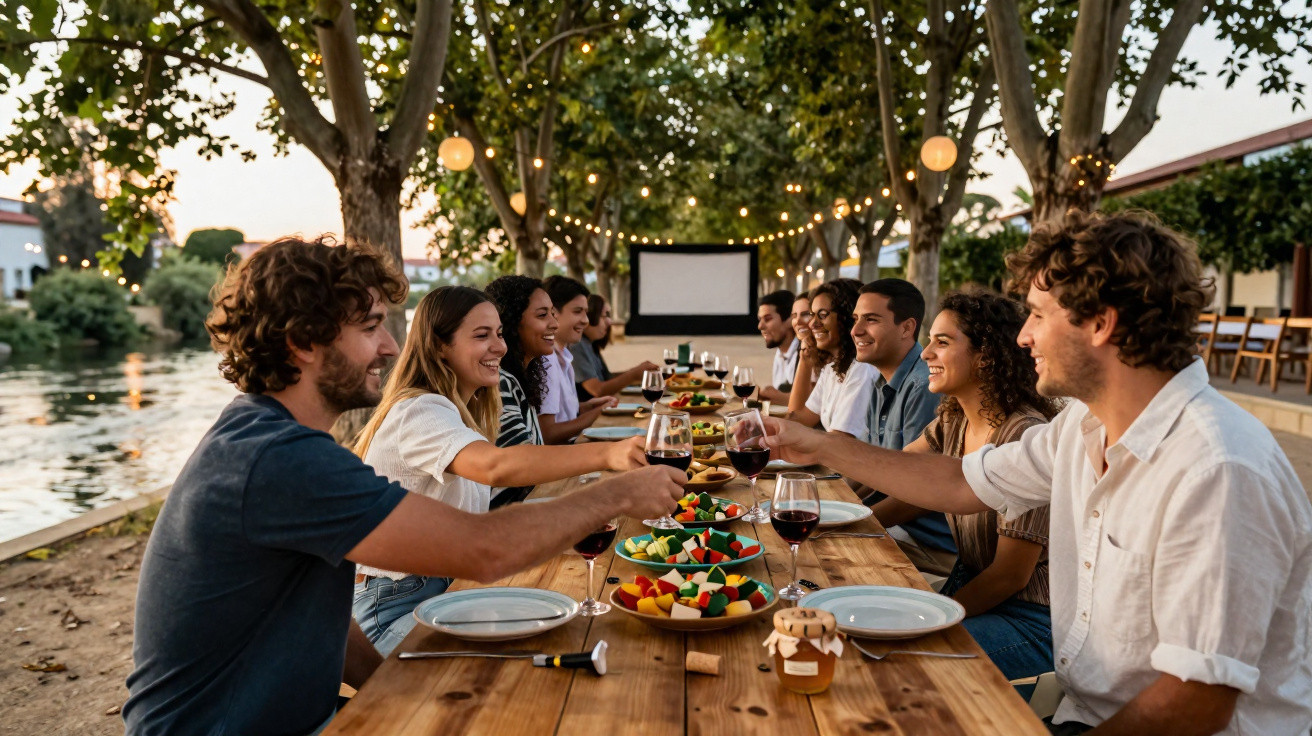 Grupo de amigos brindando com vinho numa mesa comprida ao ar livre, junto a um rio, ao pôr do sol.