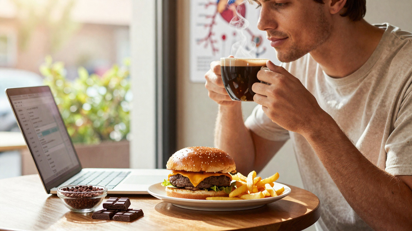 Homem a beber café junto a hambúrguer, batatas fritas e portátil numa mesa de madeira.