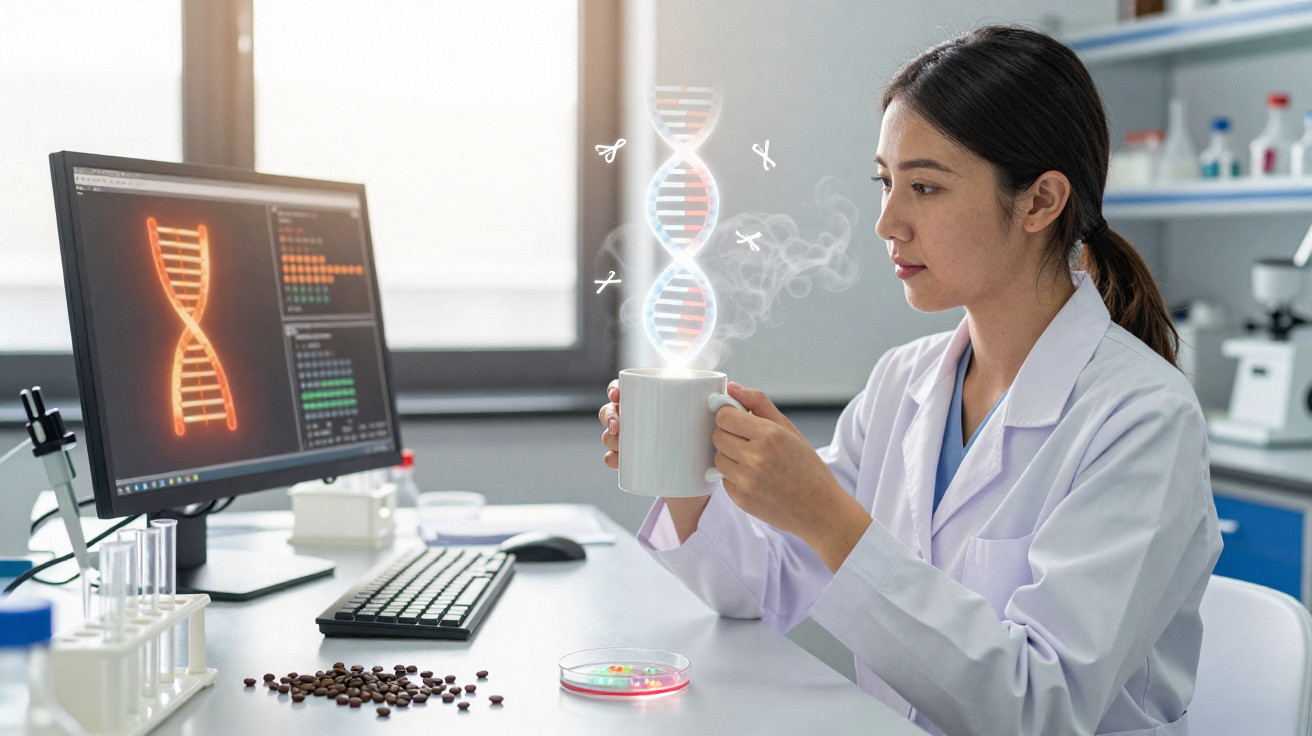 Cientista em laboratório examina chá com efeito gráfico de ADN a surgir da chávena junto a computador com código genético.