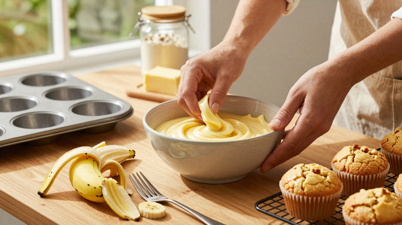 Pessoa a mexer massa amarela numa taça, com bananas, muffins e forma para queques numa bancada de cozinha.