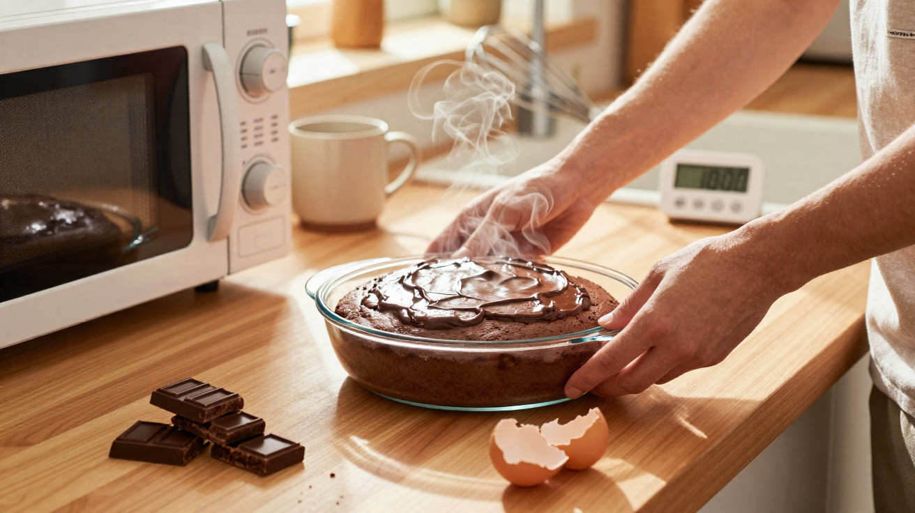 Pessoa a retirar do forno bolo de chocolate fumegante numa taça de vidro, com pedaços de chocolate e casca de ovo na bancada.