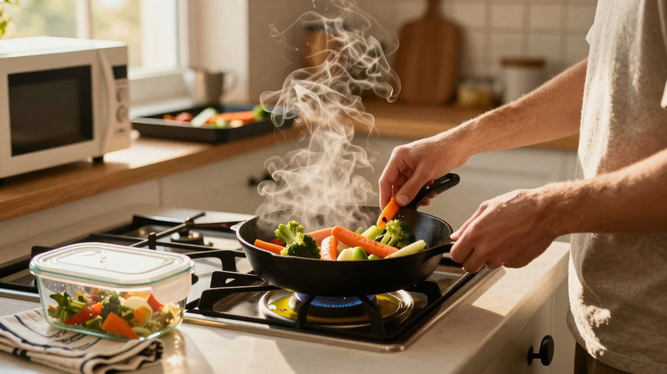Pessoa a cozinhar legumes num fogão a gás numa cozinha iluminada pela luz natural.