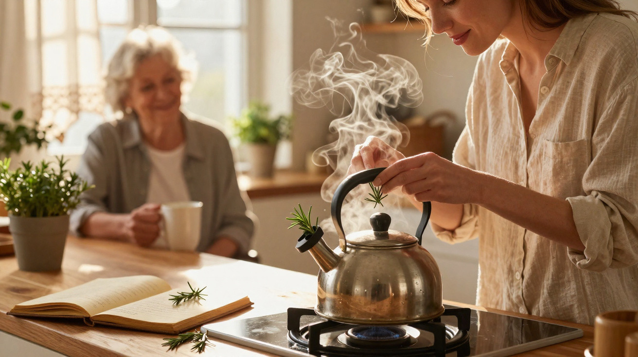 Mulher a preparar chá numa chaleira a ferver, com idosa sorridente a observar ao fundo, cozinha iluminada.