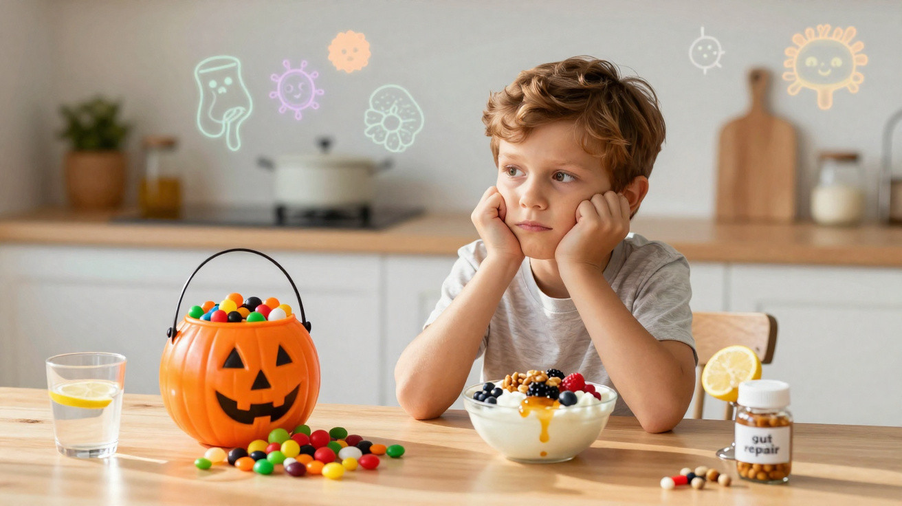 Criança pensativa à mesa com balde de doces de Halloween e tigela de iogurte com frutas e suplementos.