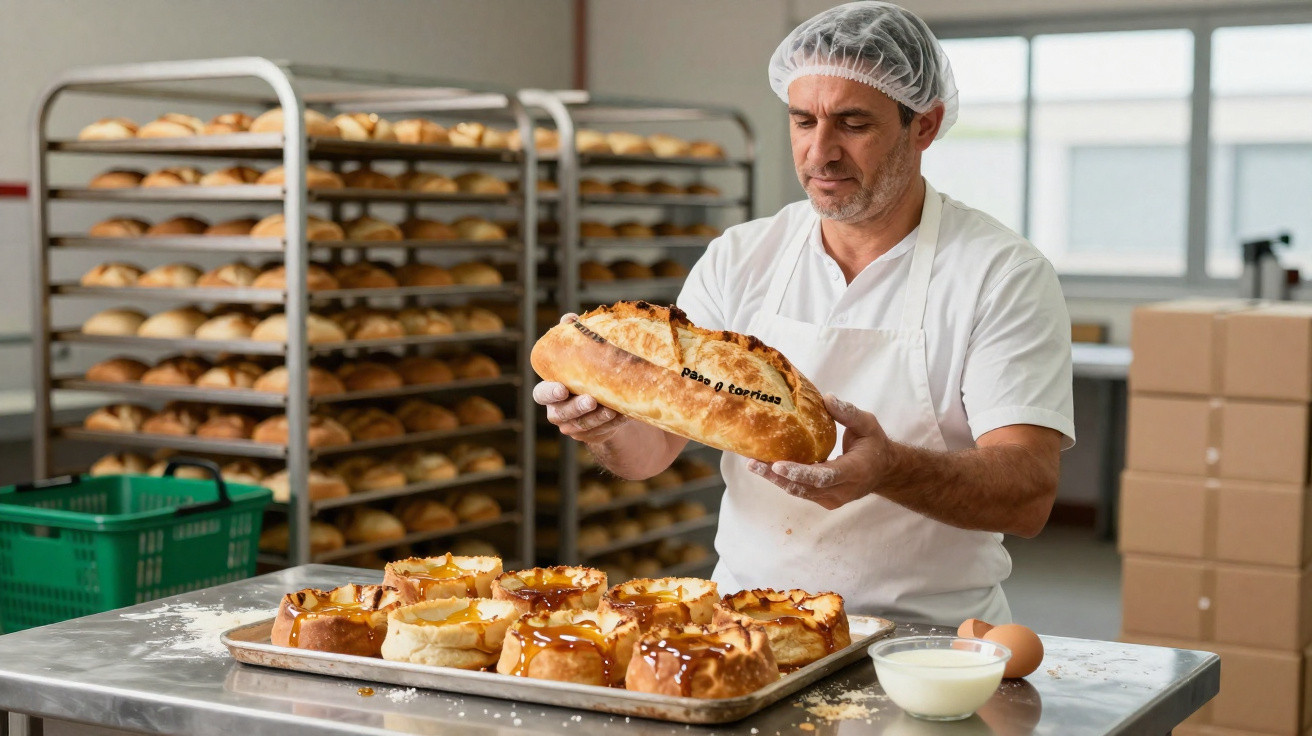 Padeiro com touca a segurar pão acabado de fazer numa padaria com várias fornadas de pão ao fundo.