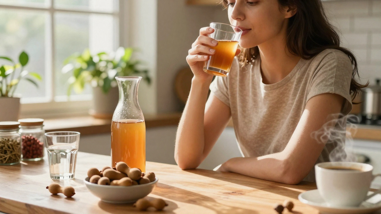 Mulher a beber sumo de fruta sentada numa cozinha com frutos e café fumegante sobre a mesa de madeira.