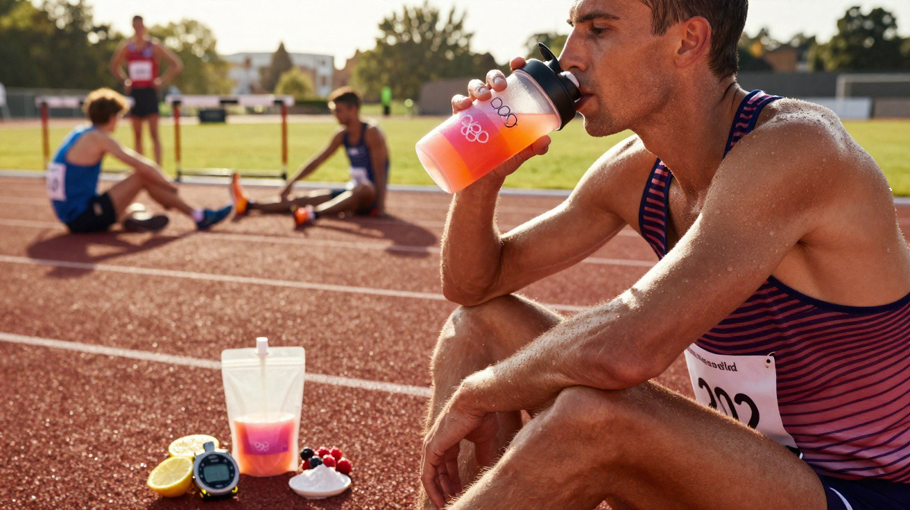 Atleta suado a beber bebida isotónica numa pista de atletismo, com outros atletas ao fundo a descansar.