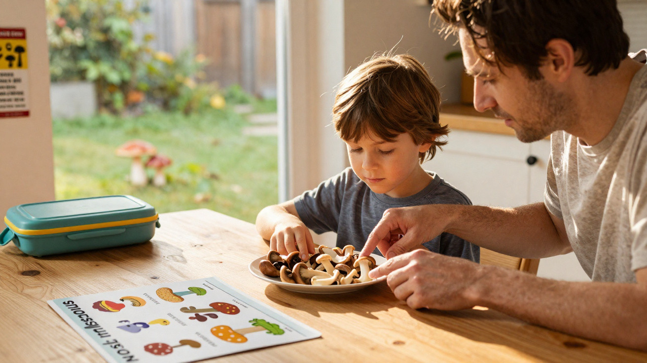 Pai e filho sentados à mesa a explorar diferentes tipos de cogumelos com um livro ilustrado ao lado.