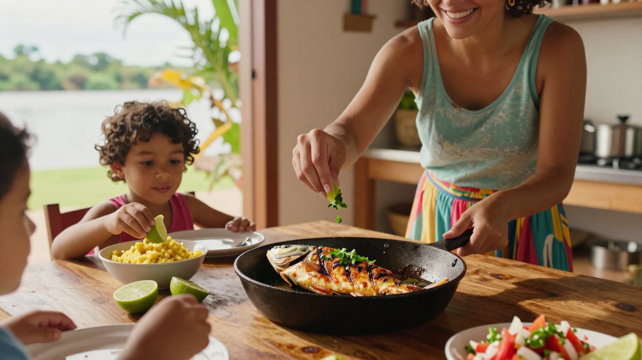 Mulher a temperar peixe grelhado numa frigideira enquanto crianças esperam para comer à mesa.