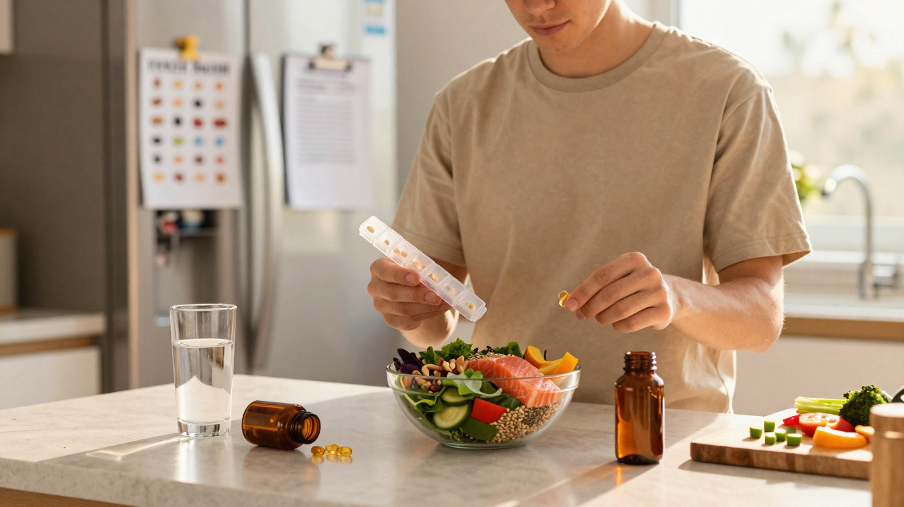 Pessoa a adicionar cápsula de suplemento alimentar a uma tigela de salada na cozinha iluminada.