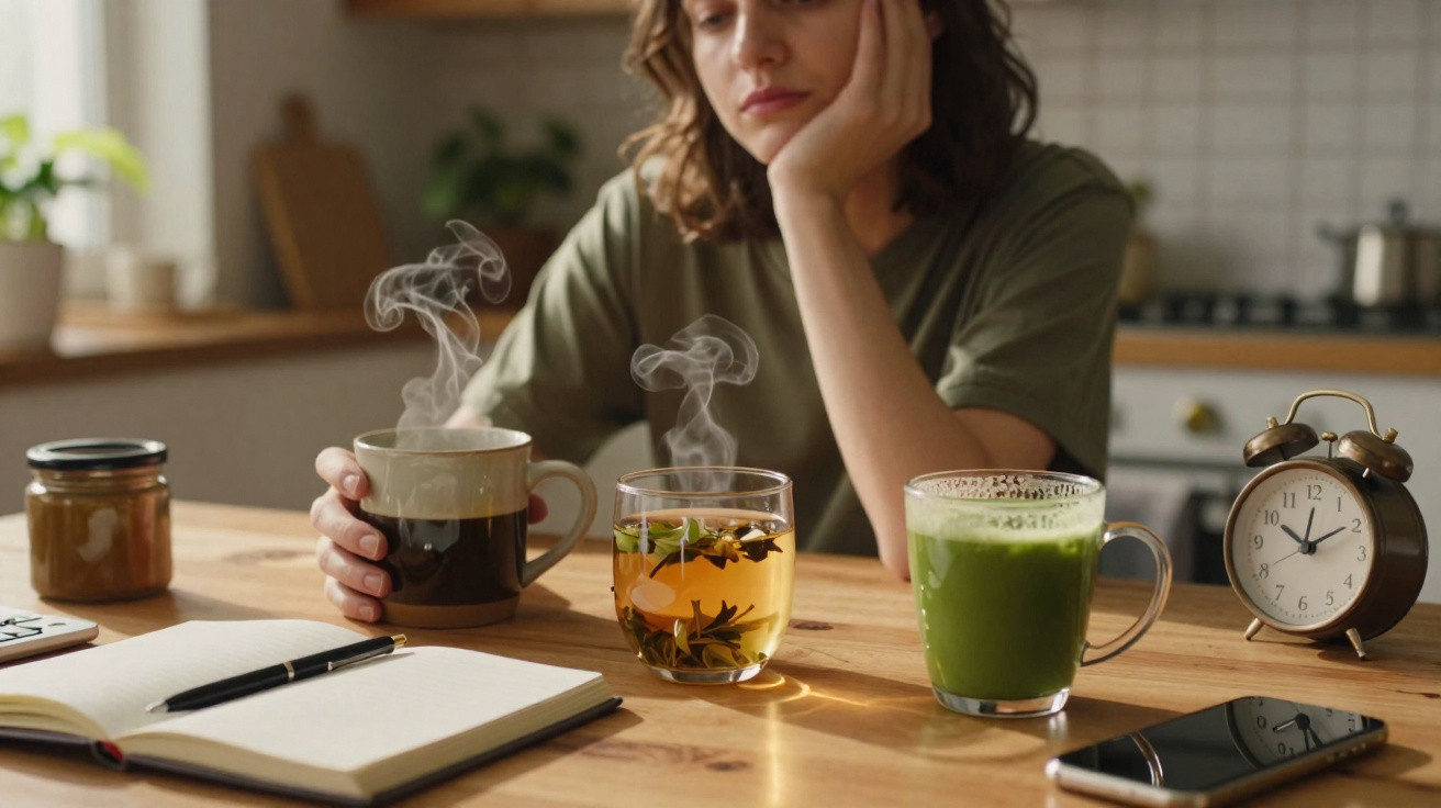 Mulher sentada à mesa na cozinha com três bebidas quentes, um caderno aberto e um relógio antigo às 8:12.