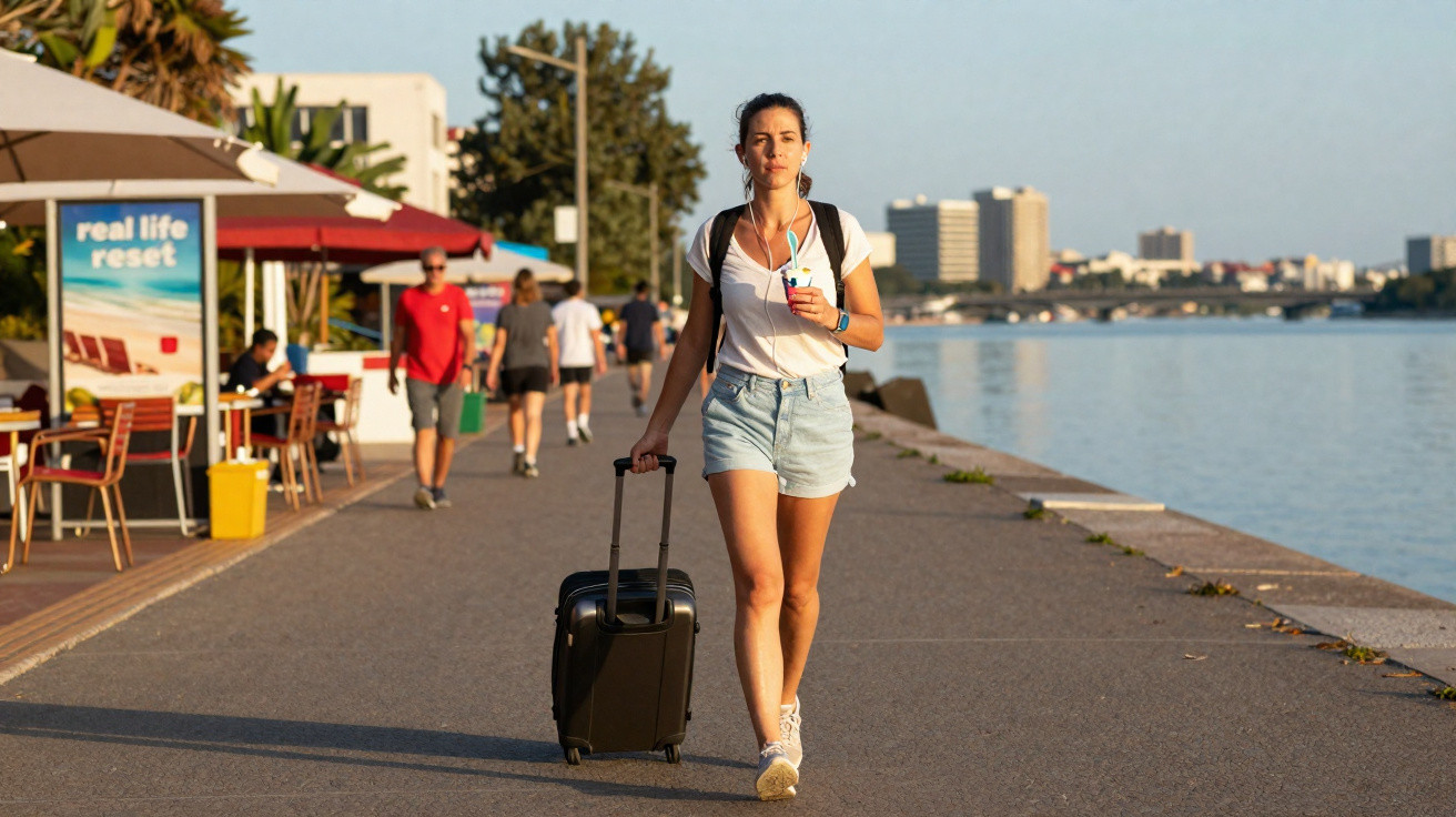 Mulher com mochila e mala a rodinhas caminha junto a rio, em passeio urbano ao pôr do sol.
