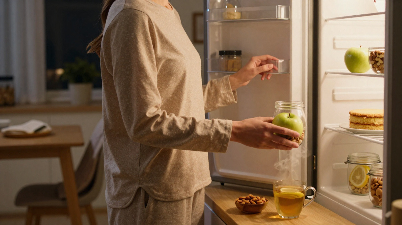 Pessoa com pijama a guardar maçã num frasco dentro de frigorífico aberto numa cozinha à noite.