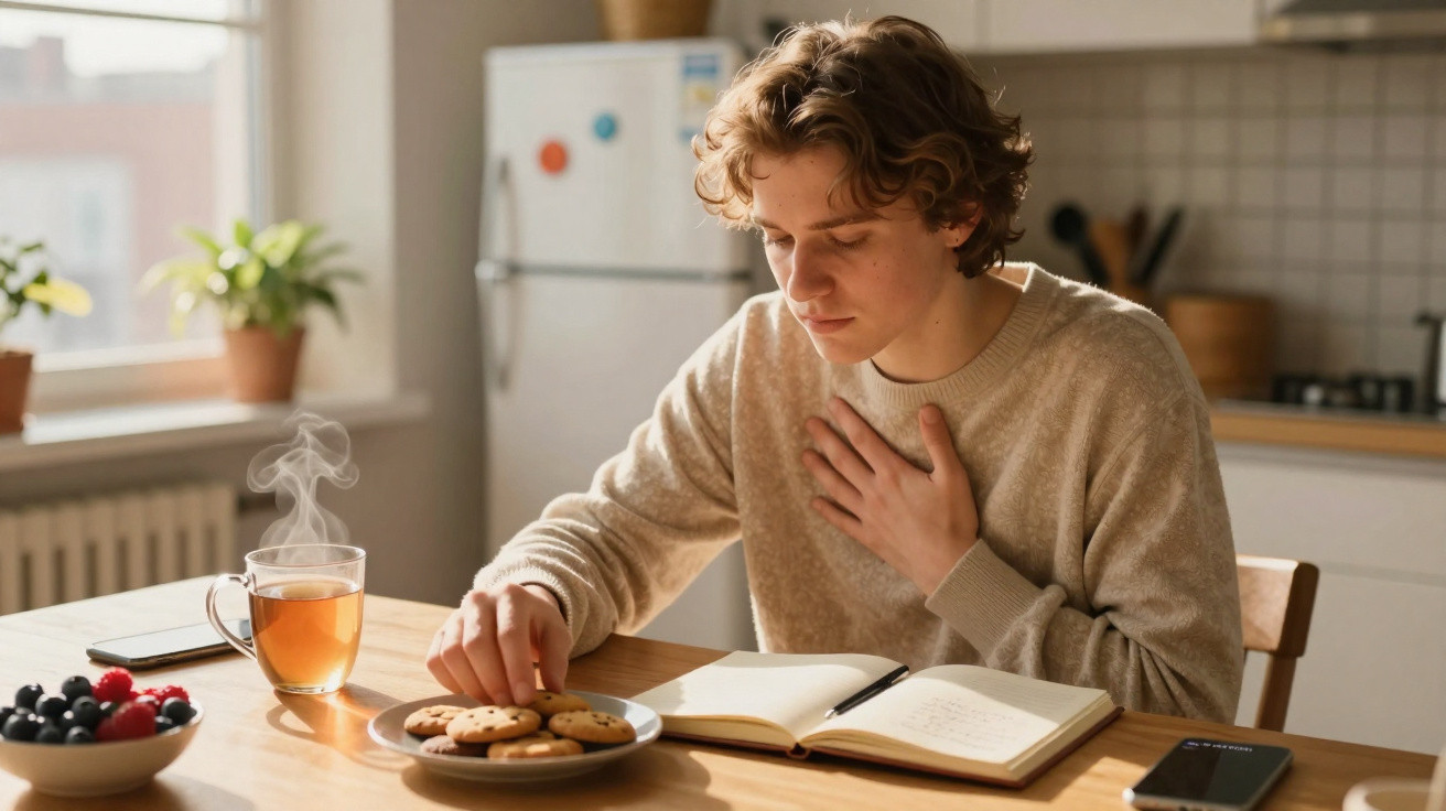 Pessoa jovem sentada à mesa na cozinha, com chá, bolachas e a ler um livro, segurando o peito.