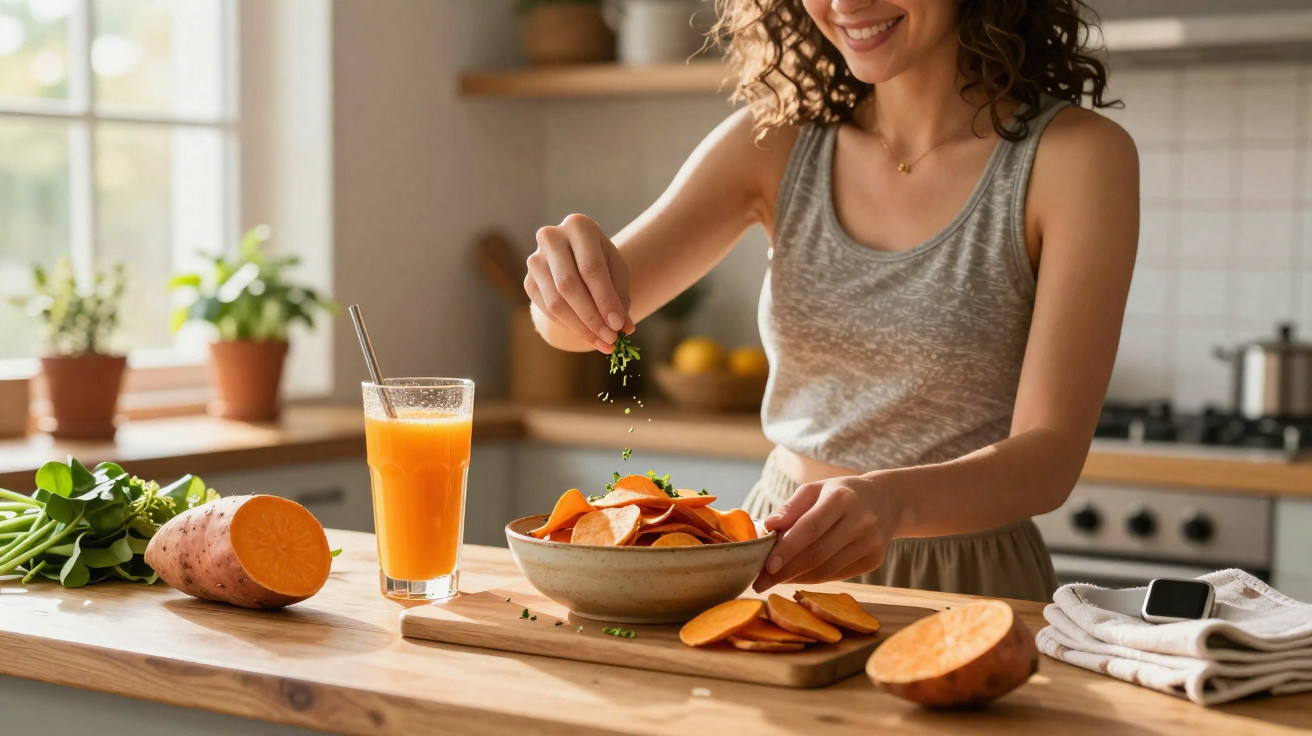 Mulher a temperar chips de batata-doce numa cozinha luminosa com sumo natural ao lado.