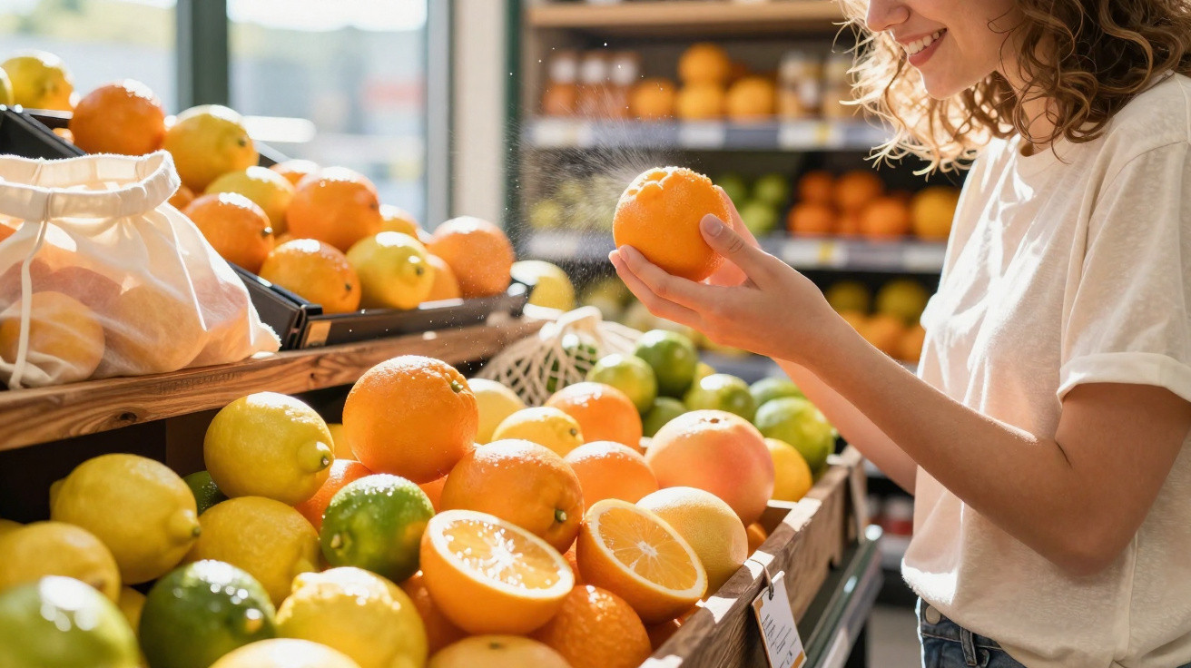 Mulher sorridente a pulverizar limão num laranja numa seção de frutas frescas no supermercado.