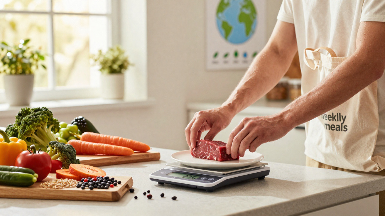 Pessoa a pesar um pedaço de carne numa balança digital, com legumes frescos numa bancada.