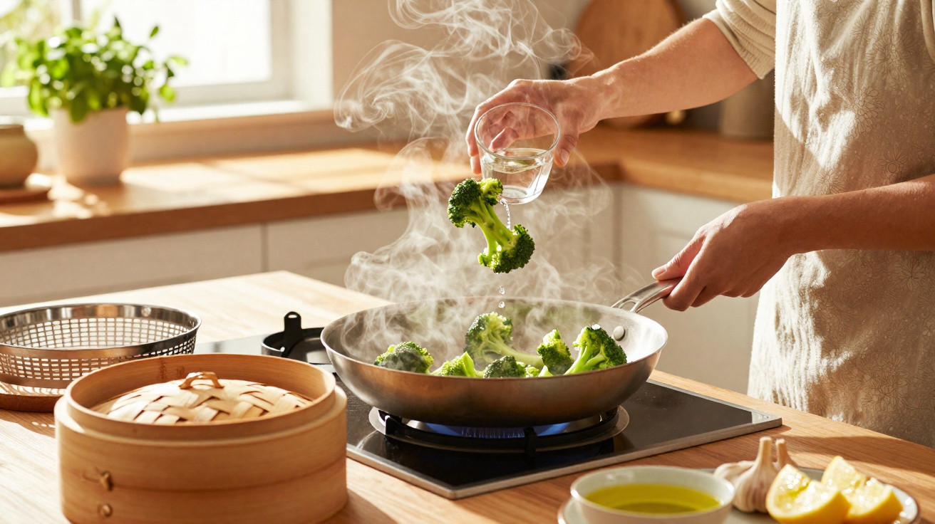 Pessoa a cozinhar brócolos numa frigideira com vapor e a adicionar líquido, numa cozinha luminosa e moderna.