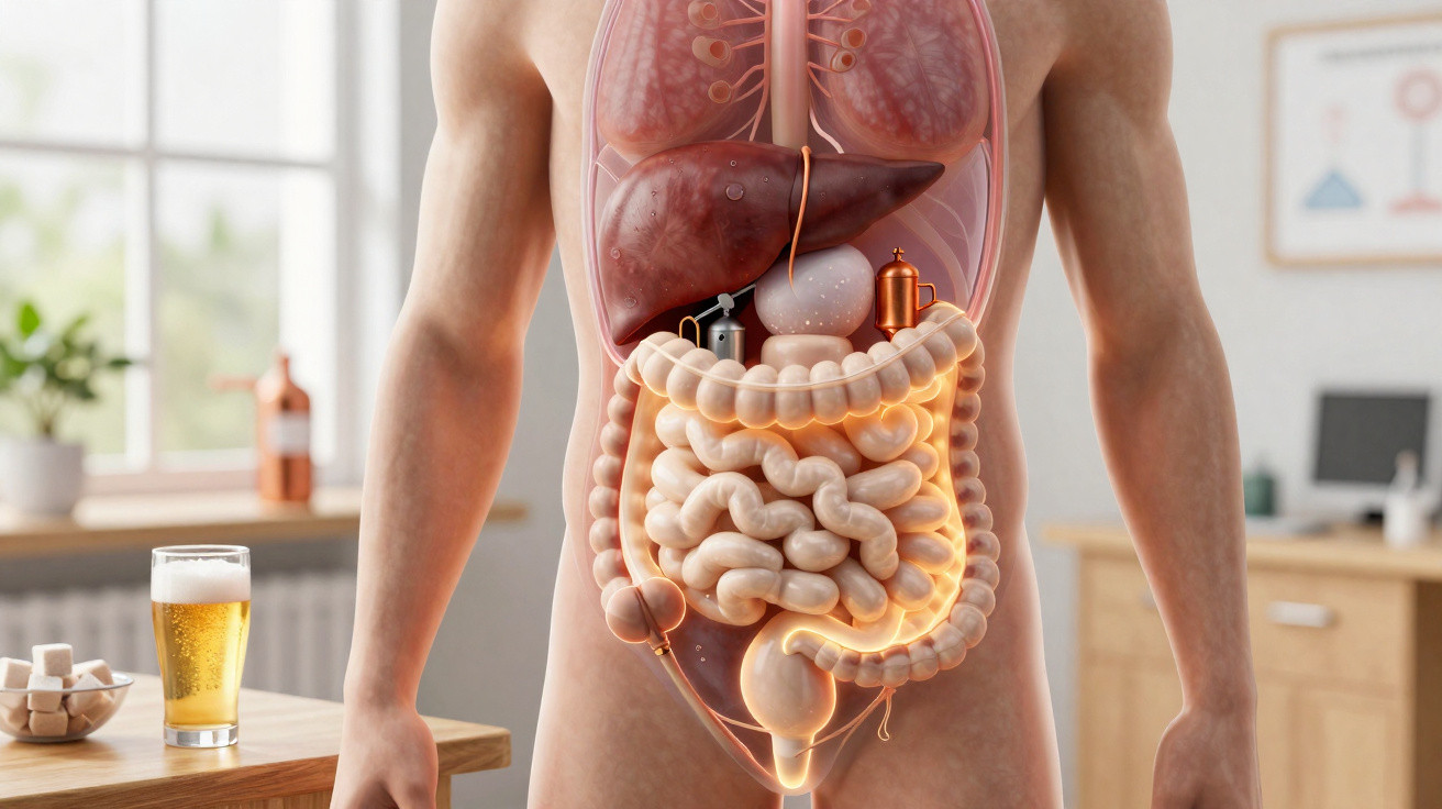 Ilustração do sistema digestivo humano com destaque no intestino, fígado e estômago, com copo de cerveja e açúcar na mesa.