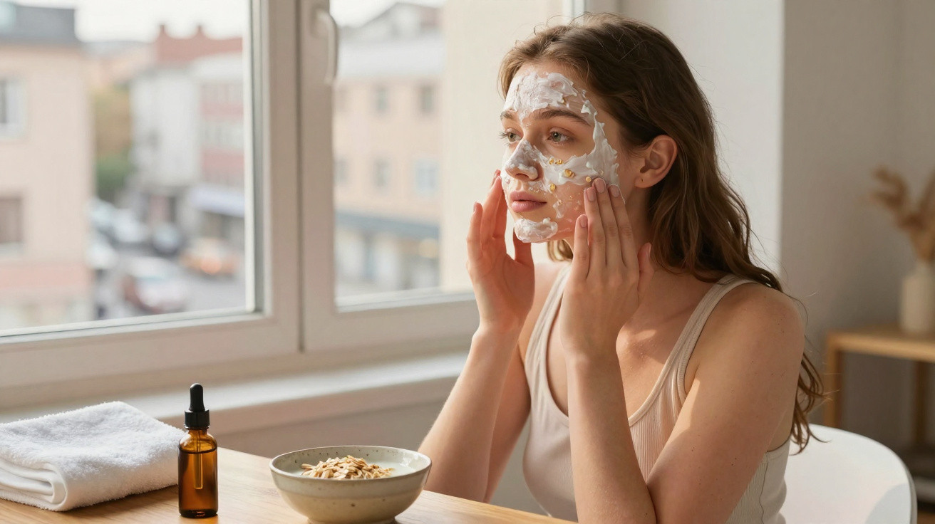 Mulher jovem a aplicar máscara facial hidratante num ambiente tranquilo junto à janela.