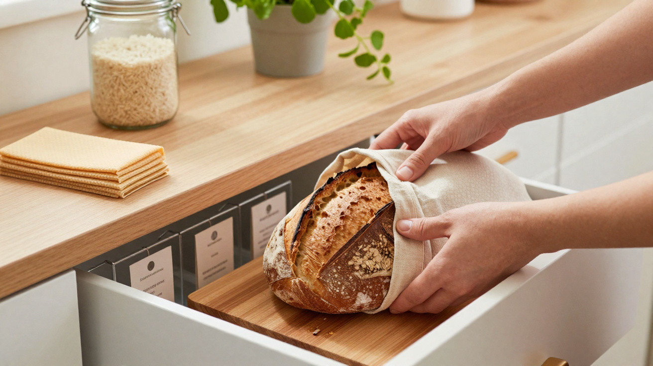 Mãos a guardar pão caseiro numa cozinha moderna com frascos e plantas na bancada de madeira.