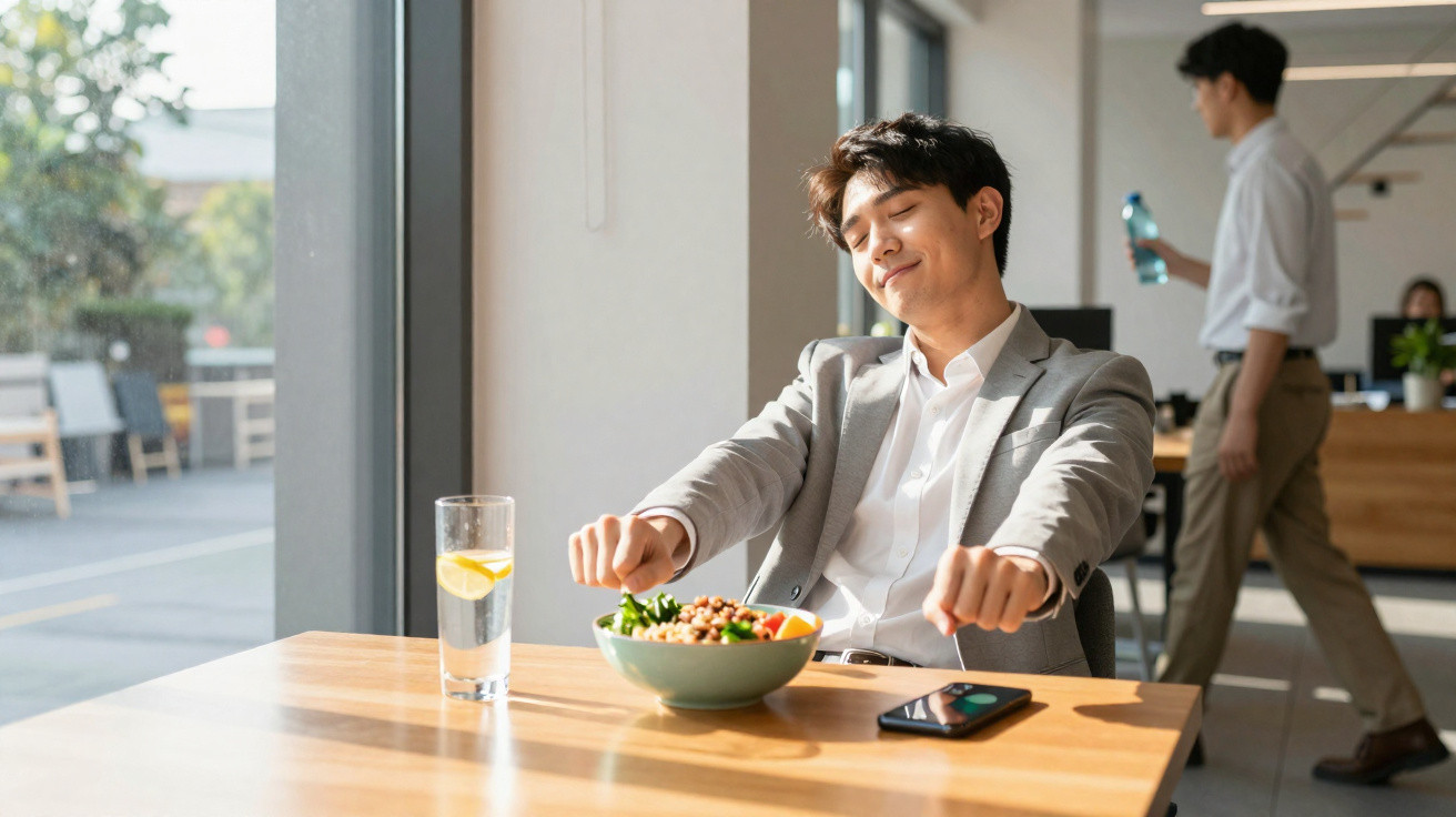 Homem a espreguiçar-se sentado numa mesa com salada e copo de água num ambiente de escritório iluminado.