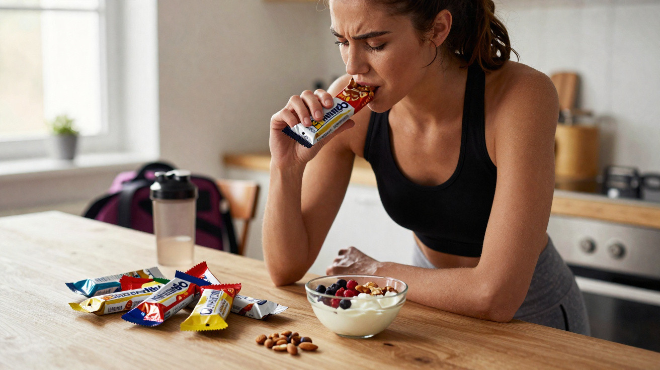 Mulher em roupa desportiva a comer barra energética numa cozinha com iogurte, frutos vermelhos e amêndoas à sua frente.
