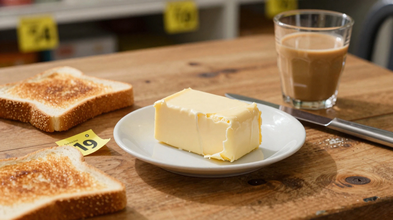 Manteiga num prato branco, fatias de pão torrado, faca e copo com café sobre mesa de madeira.