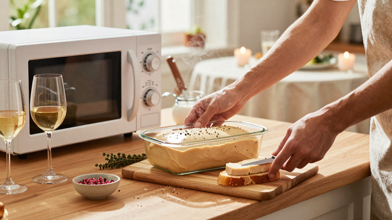 Pessoa a preparar pão caseiro num tabuleiro de vidro numa cozinha com micro-ondas e taças de vinho branco.