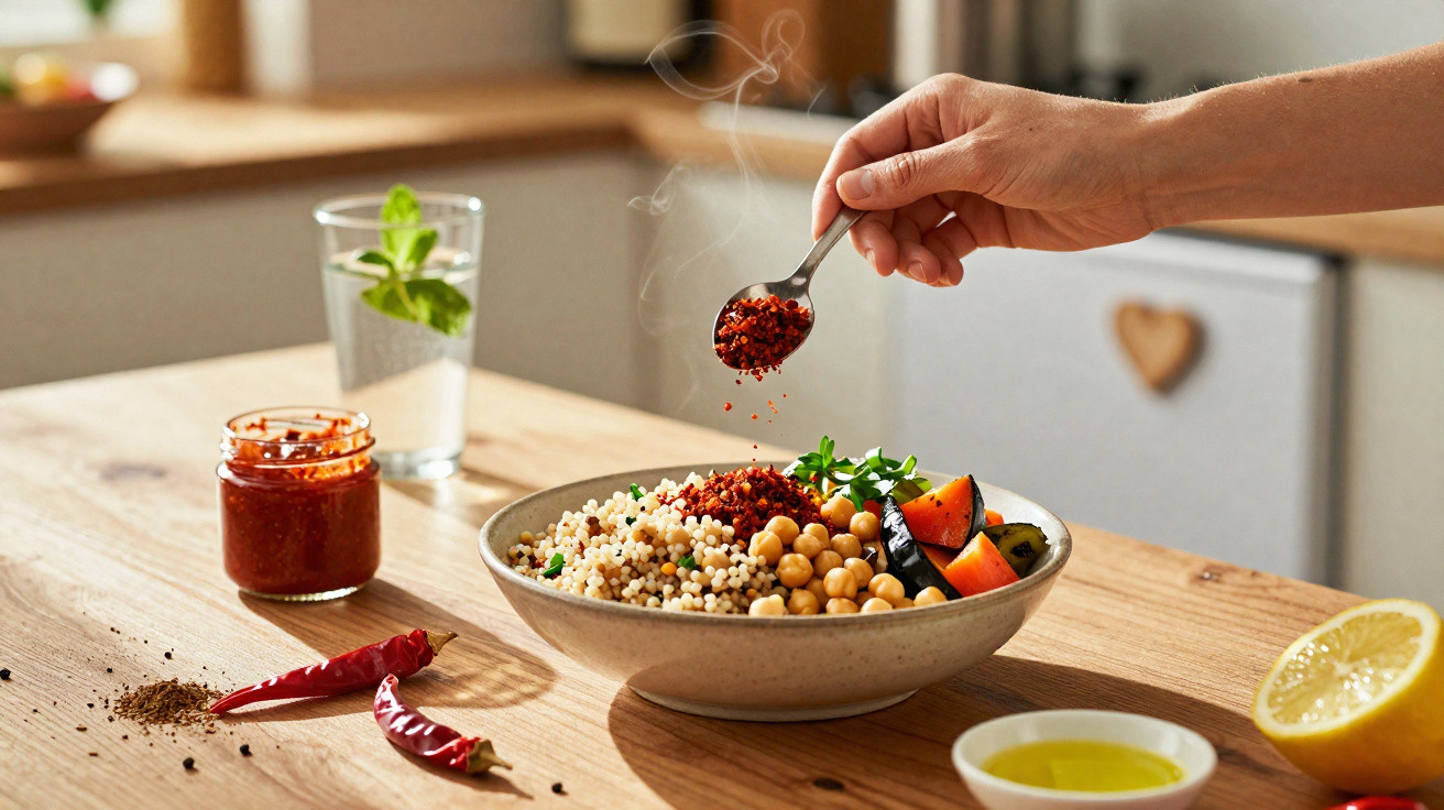 Mão a polvilhar especiarias num prato com couscous, grão-de-bico, tomate e legumes num balcão de cozinha.