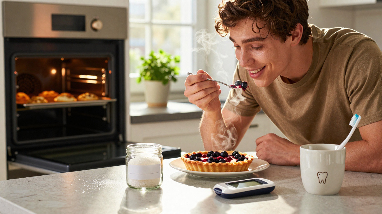 Homem feliz a provar uma tarte de frutos vermelhos na cozinha, com forno e medidor de glicose na mesa.