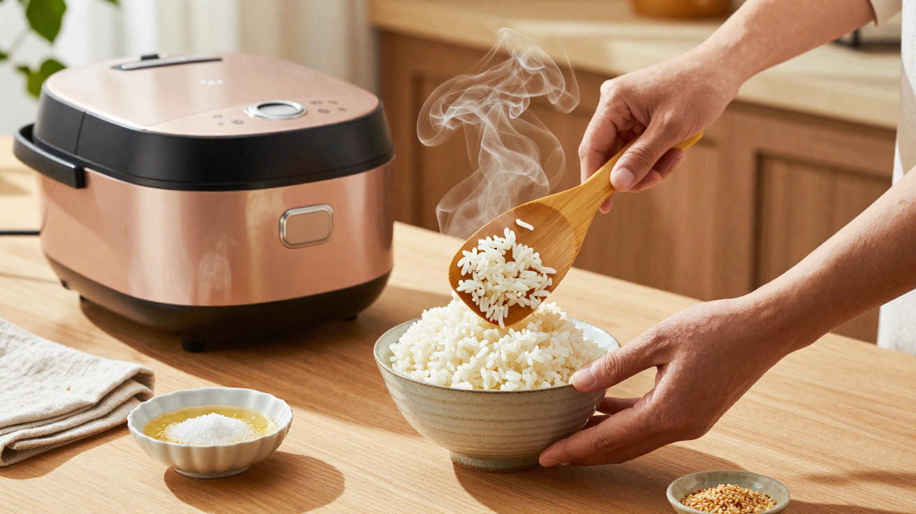 Pessoa a servir arroz quente num prato junto a um robot de cozinha num ambiente de cozinha iluminado.