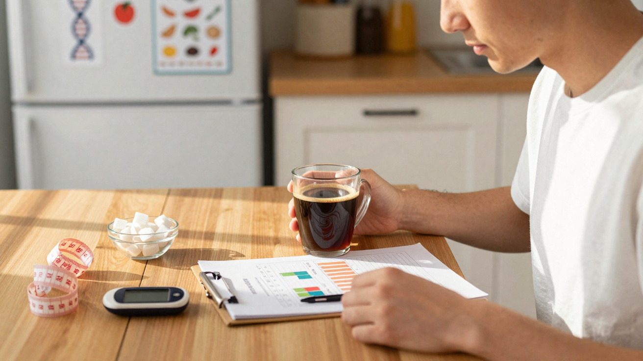 Pessoa a segurar uma chávena de café, com gráficos, fita métrica, medidor de glicose e cubos de açúcar na mesa.