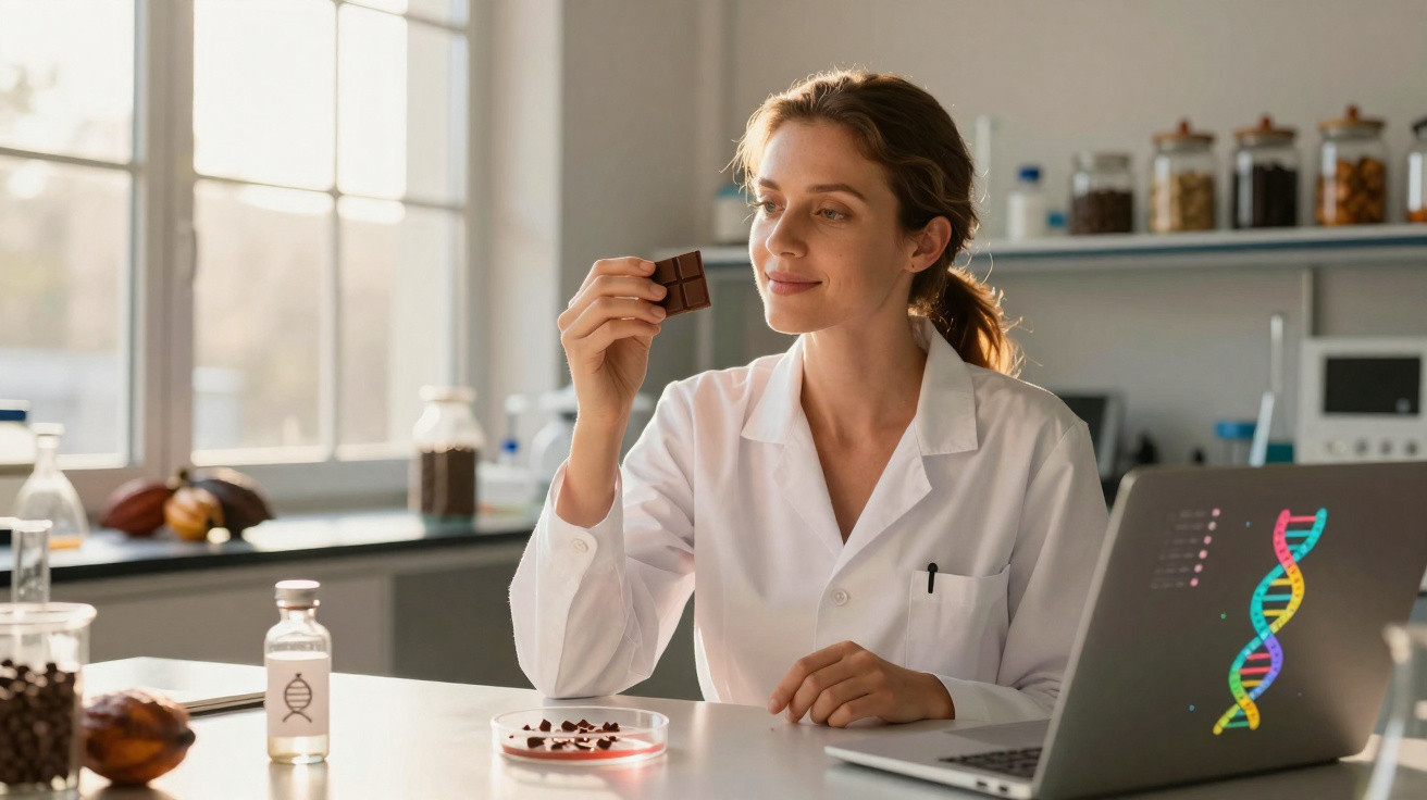 Cientista em laboratório a analisar um pedaço de chocolate com equipamentos científicos ao redor.