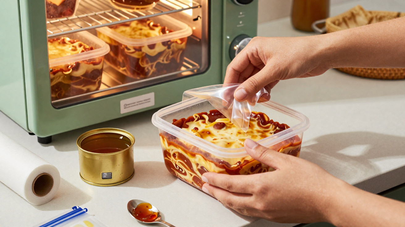 Mãos a colocar tampa numa marmita com lasanha e forno aberto com mais marmitas semelhantes.