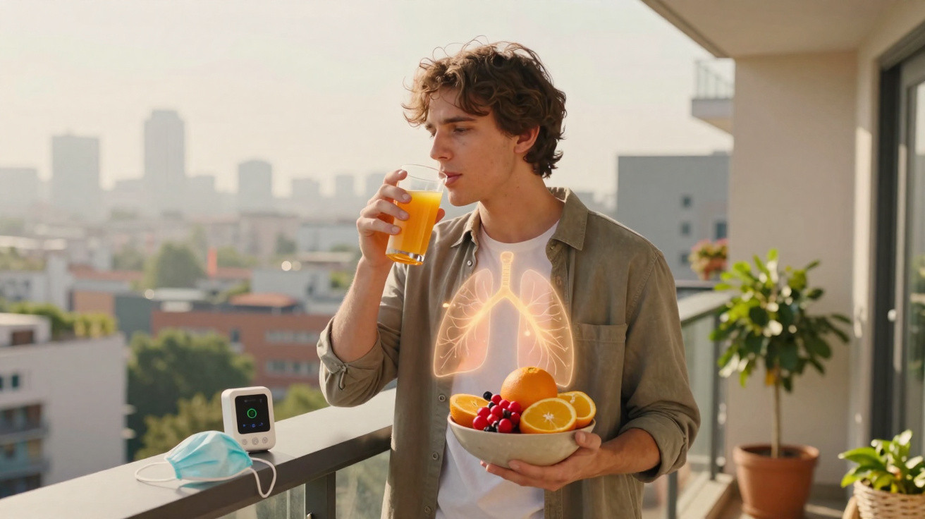 Jovem numa varanda a beber sumo de laranja, segurando tigela com fruta, com ilustração de pulmões visível.