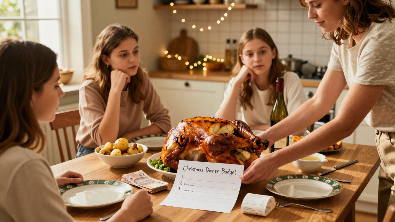 Família sentada à mesa com peru assado e papel intitulado "Christmas Dinner Budget".