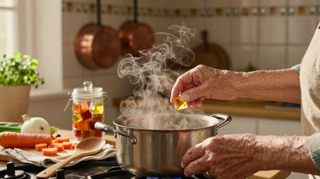Mãos de idoso a colocar cubo de caldo numa panela a ferver numa cozinha com legumes e utensílios.