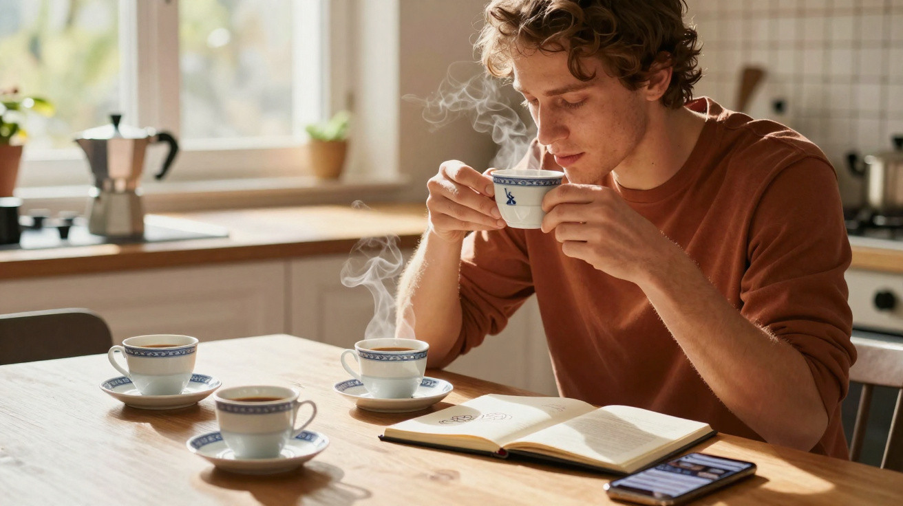 Homem com camisa castanha a cheirar café fumegante sentado à mesa com livro aberto e telemóvel na cozinha.