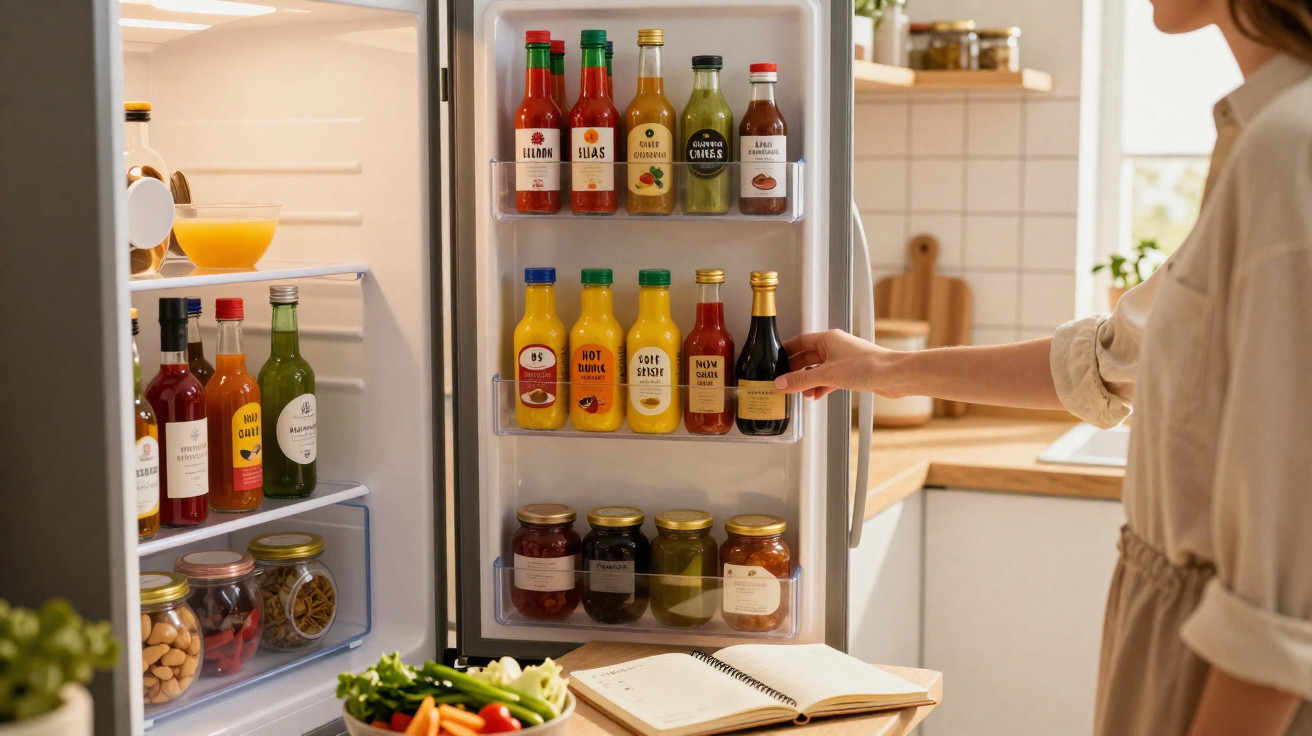 Pessoa a abrir porta do frigorífico cheio de garrafas e frascos com molhos e condimentos numa cozinha moderna.