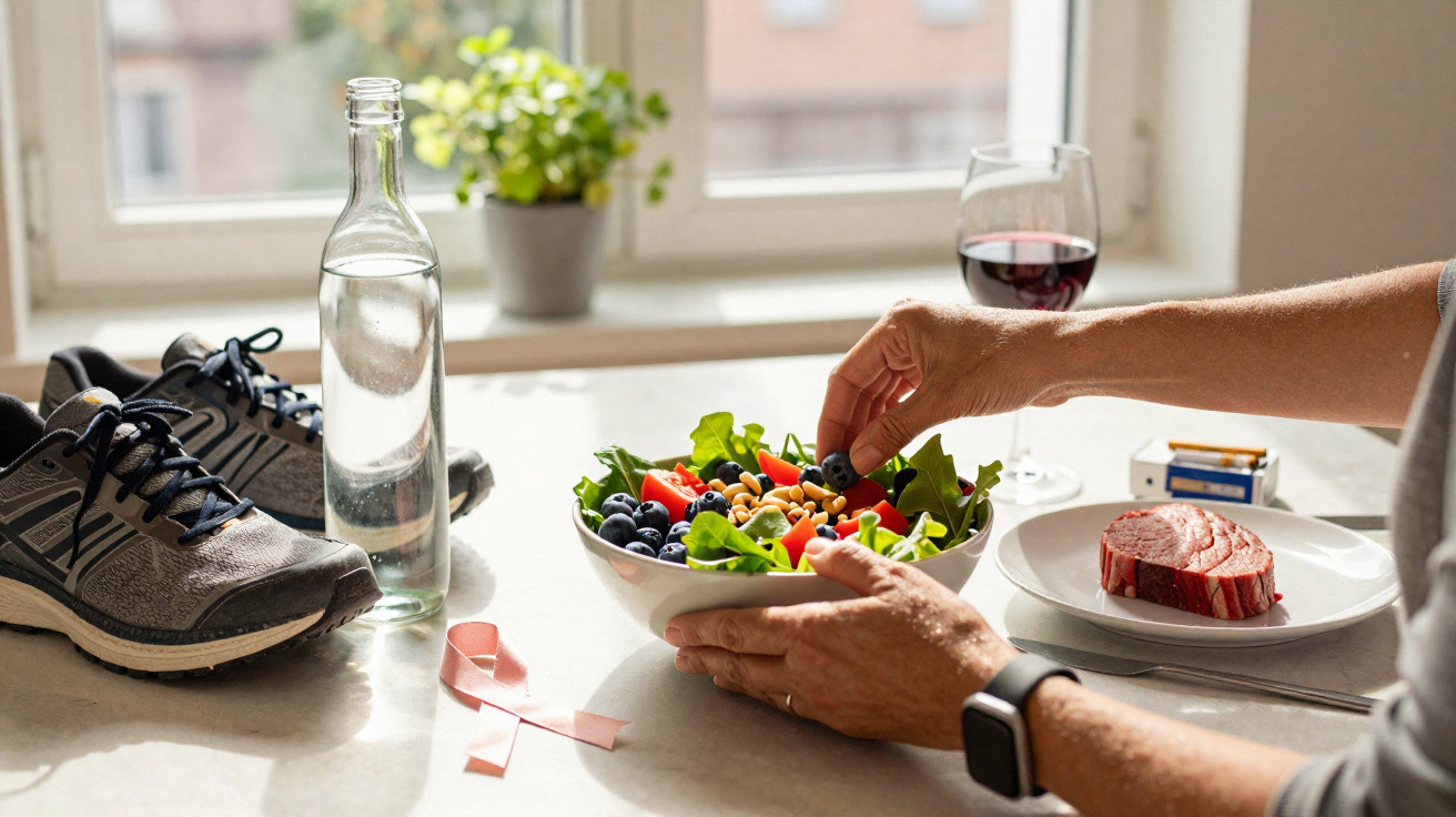 Pessoa a preparar salada com frutas e nozes, com ténis, garrafa de água e fita rosa numa mesa iluminada.