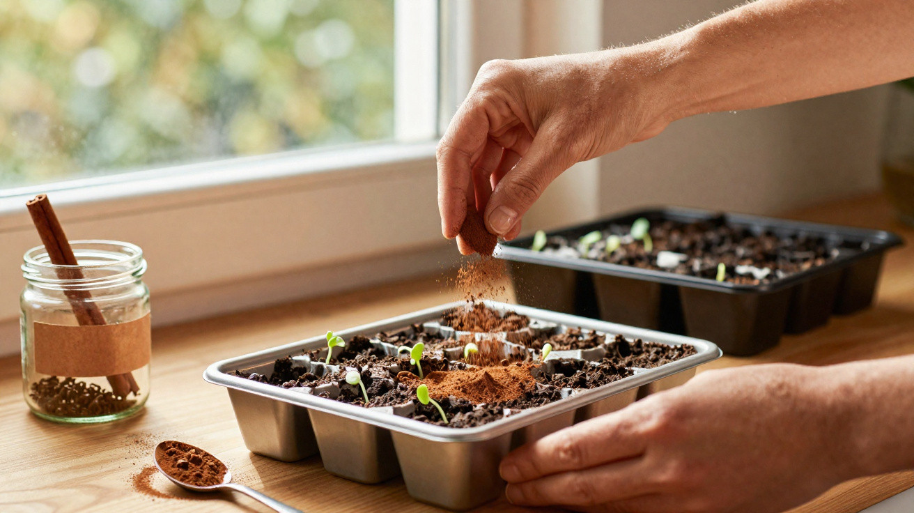 Mãos a polvilhar canela sobre pequenas plantas em germinação dentro de tabuleiros junto a uma janela.