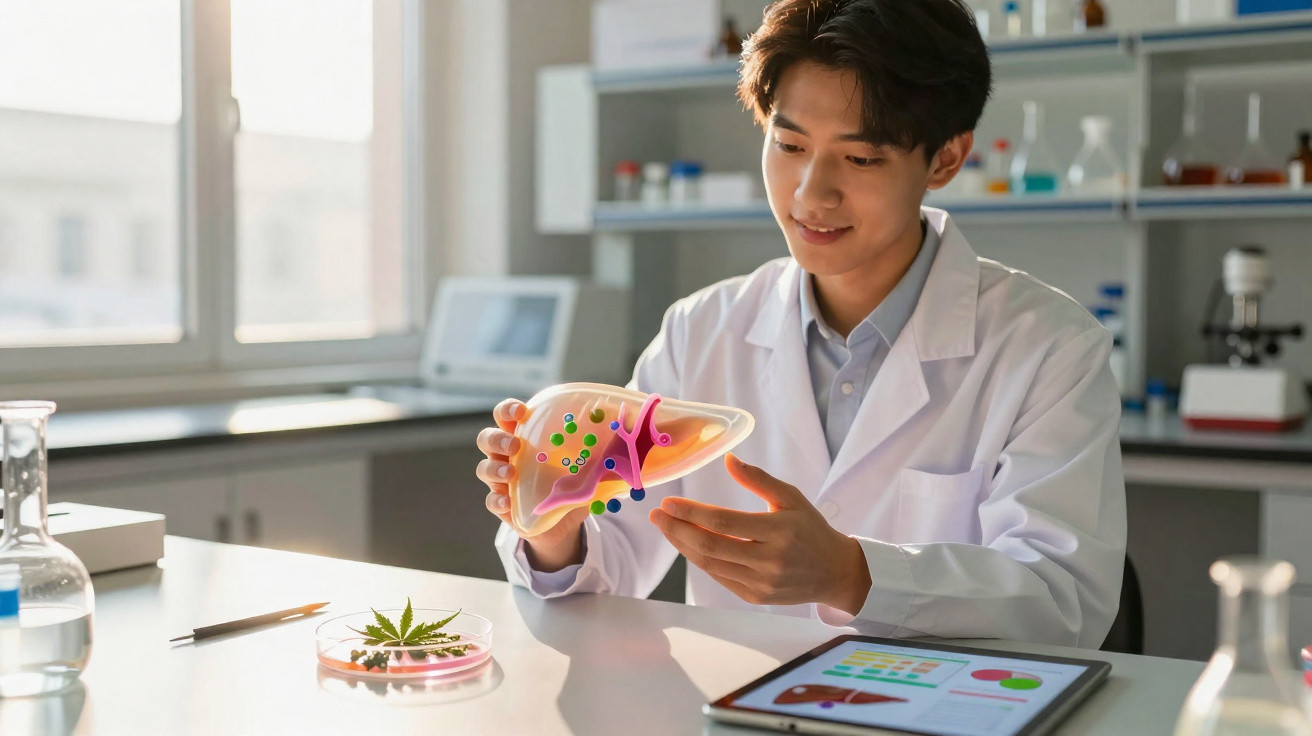 Cientista no laboratório segura modelo do fígado, com tablet e planta em placa de Petri à sua frente.