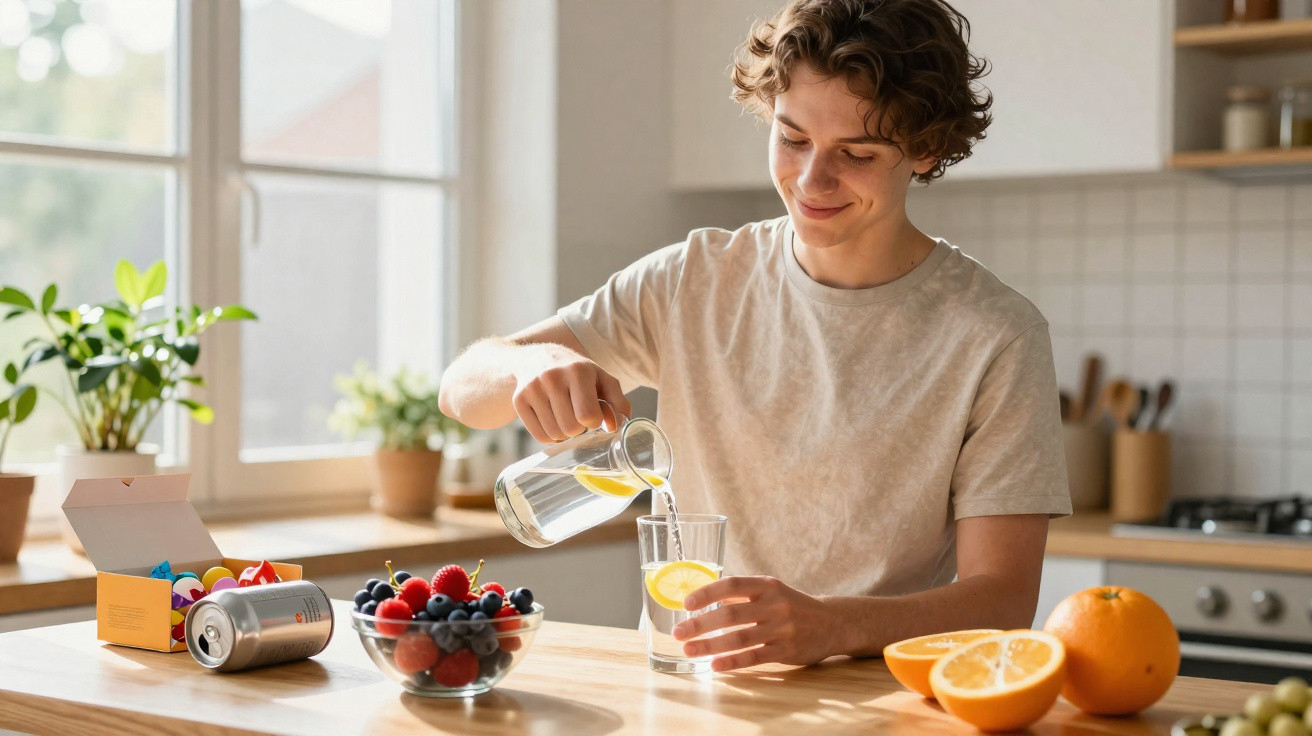 Jovem a verter água com limão num copo na cozinha, com frutas frescas numa taça à sua frente.