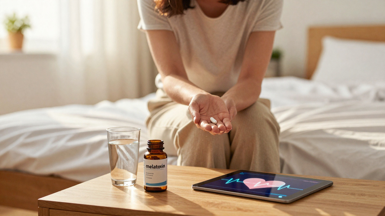 Pessoa sentada na cama a tomar comprimidos de melatonina com um copo de água numa mesa à frente.